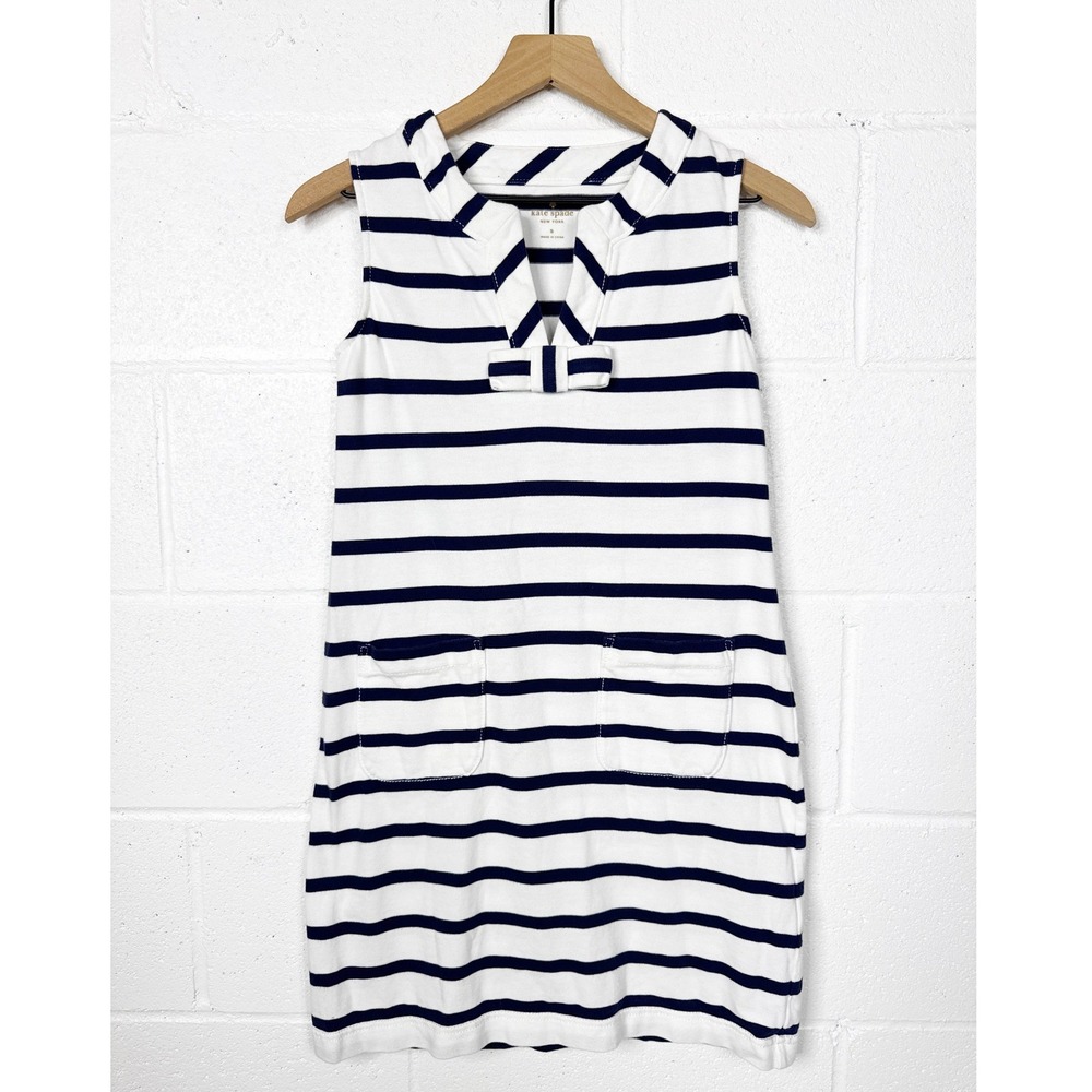 Kate Spade Striped Sleeveless Shift Dress Womens Small White Navy Bow Detail‎